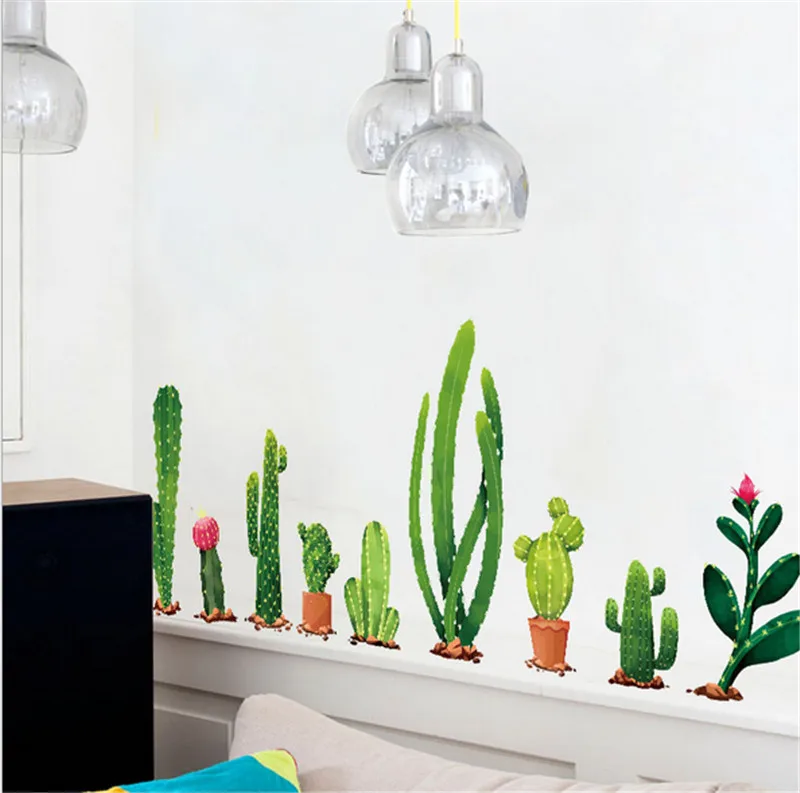 Cactus Plant TV Background Wall Stickers Home Decor Living Room 3D Wall Decal Autocollant Mural