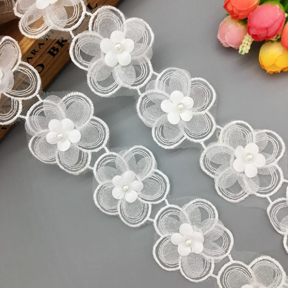 

2 Yards Vintage Plum Blossom Flower Pearl Lace Trim Applique Trimmings Ribbon Tulle Embroidered Wedding Dress Veil Sewing Crafts