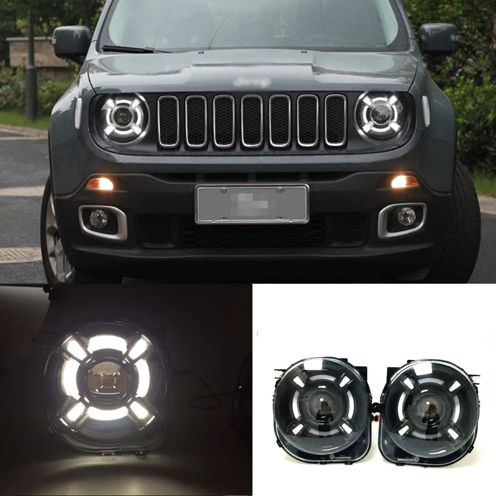 

2pcs Car Accessories DRL Led Headlights For Jeep Renegade 2015 2016 2017 Front Bumper LED Bi-xenon HID HeadLamps 55W