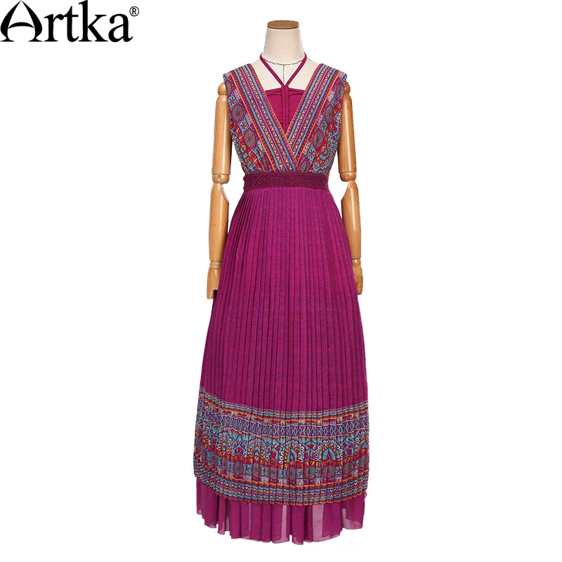 ARTKA Women\'s 2018 Summer Ethnic Printed Chiffon Two-pieces Dress Fashion Sleeveless Empire Waist Draped Hem Dress LA14550X