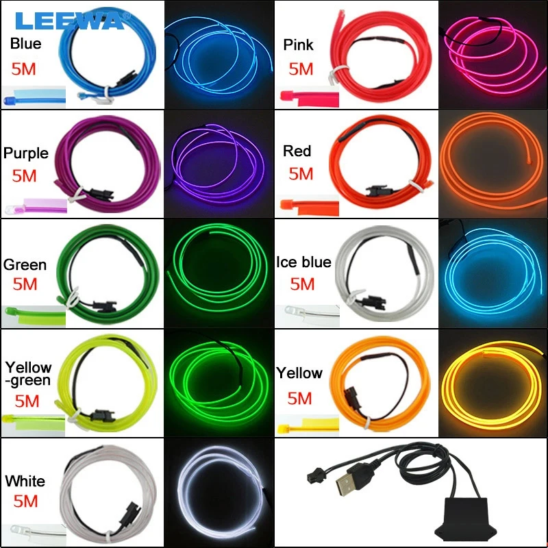 FEELDO 10set 9-color 12V USB Power Inverter 5M Car Flexible Moulding EL Neon Glow Lighting Rope Strip With Fin #CA5771