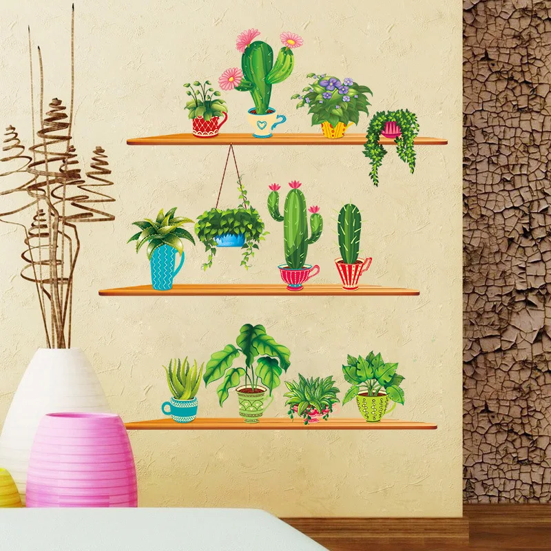 Green Garden Plant Cactus Potted Flower Pot Set 3D DIY Wall Decals/Adhesive Family Wall Sticker Mural Art Bathroom Windows Decor