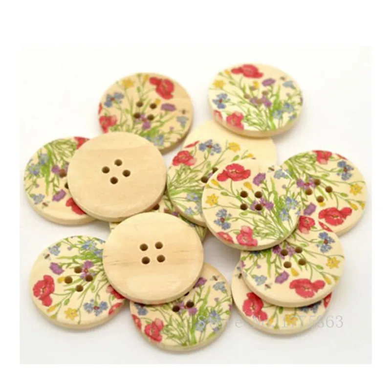 50Pcs 30mm Wild Flower Print Patterns, 4 Holes Round Wooden Buttons, for Sewing, Scrapbooking Craft 7NK21