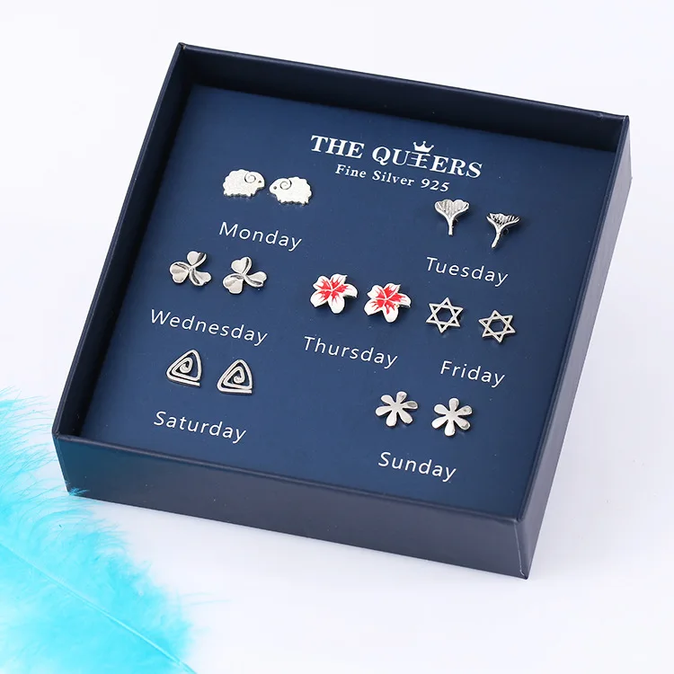 7Pairs/set fashion 100% real 925 sterling silver stud earrings for women pure S925 silver earing jewelry gift for female girls