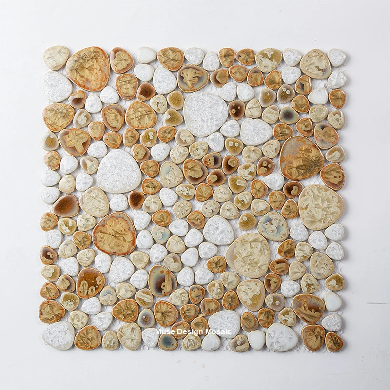 White Beige Glazed Pebble Ceramic Mosaic Tile, Kitchen Backsplash Shower Swimming Pool Wall Tile, DIY House Showrrom Floor Tile