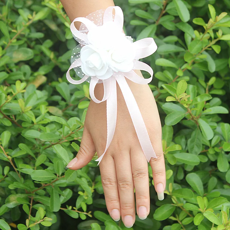 Wifelai-a PE Rose Flowers Ribbon Bride Wrist Flowers Bridesmaids Silk Lace Hand Flowers Wedding Corsages Many Colors