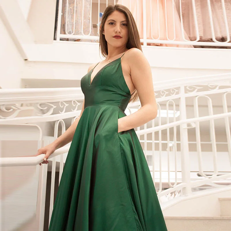 2019 Nova Cetim A Linha de Vestidos de Noite Longo Com Decote Em V robe de soirée Simples Prom Dress Backless Especial Ocasião Vestidos Com Bolsos