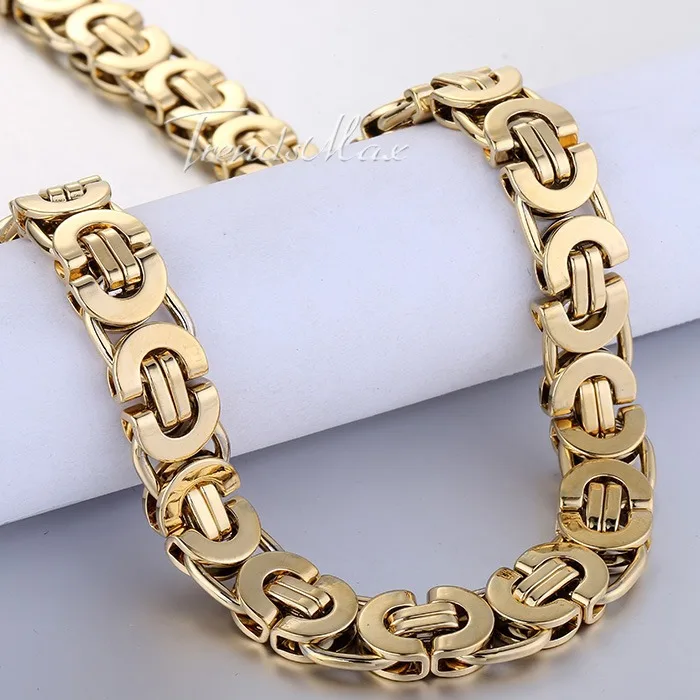 11MM Mens Chain Boys Gold Color Flat Byzantine Stainless Steel Bracelet Necklace SET Wholesale JEWELRY Fashion Gift KS78