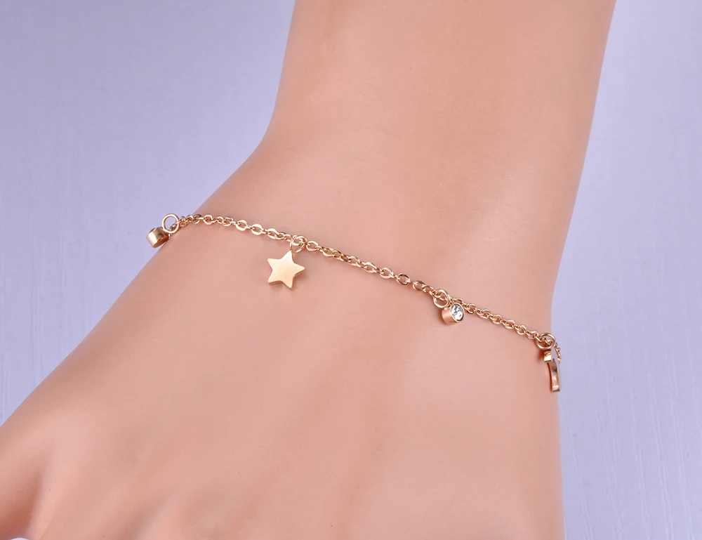 Lokaer Trendy Bracelet Moon & Star CZ Crystals Rose Gold Color Stainless Steel Charm Bracelet Link Chain Christmas Gift B18186