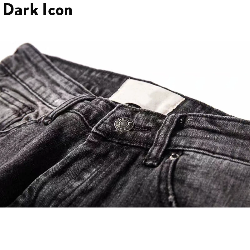 DARK ICON Pleated on Knee Men\'s Jeans High Street Motorcycle Denim Pants Men Full Length