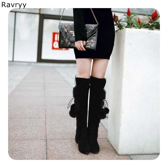 2018 Woman Long Boots Suede Leather Warm Fur Plush rabbit hair knee-high Boots Autumn Winter Fashion Female Party Shoes