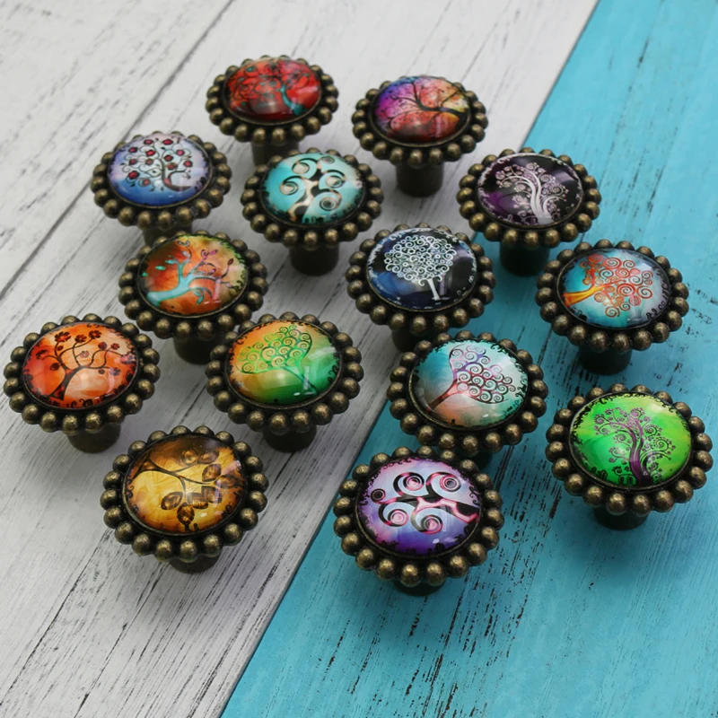 1x American Retro Cabinet Drawer Handle Glass & Zinc Alloy Wardrobe Kitchen Handle and Knobs Tree Theme