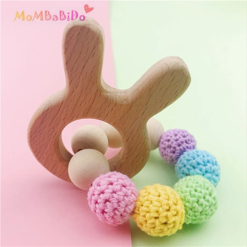 크리스마스 젖니 링, 아기 딸랑이 나무 Teether, 토끼 무지개 Teether, 아기 샤워 선물, 나무 장난감, 토끼 귀, 부활절 선물