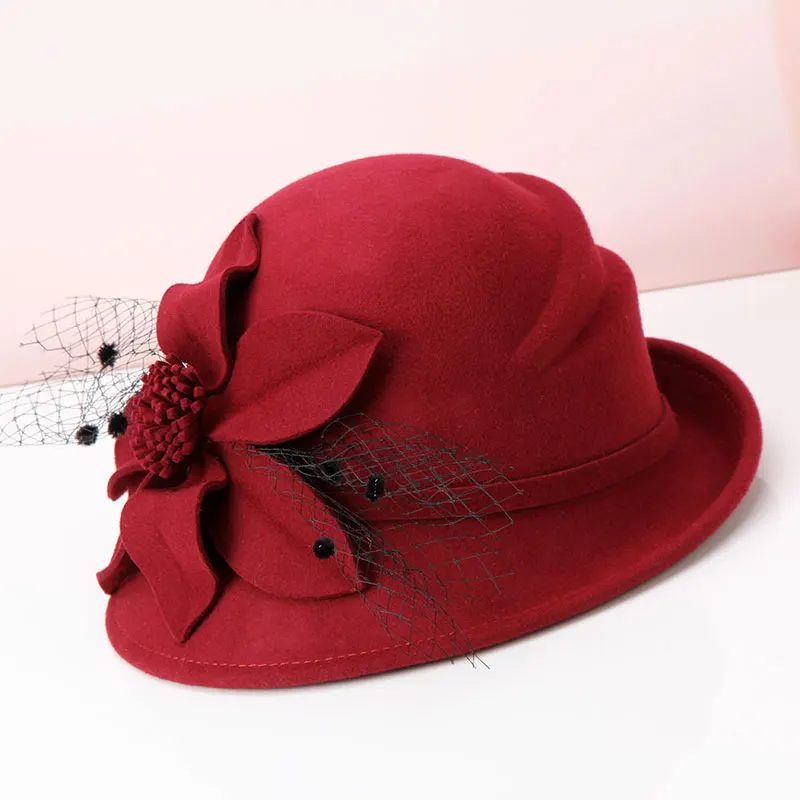 

Lady Fedoras Wool Hat Girls British Retro Autumn Winter Woolen Hat Female Adornment Elegant Cap Flower Fisherman Cap B-8938