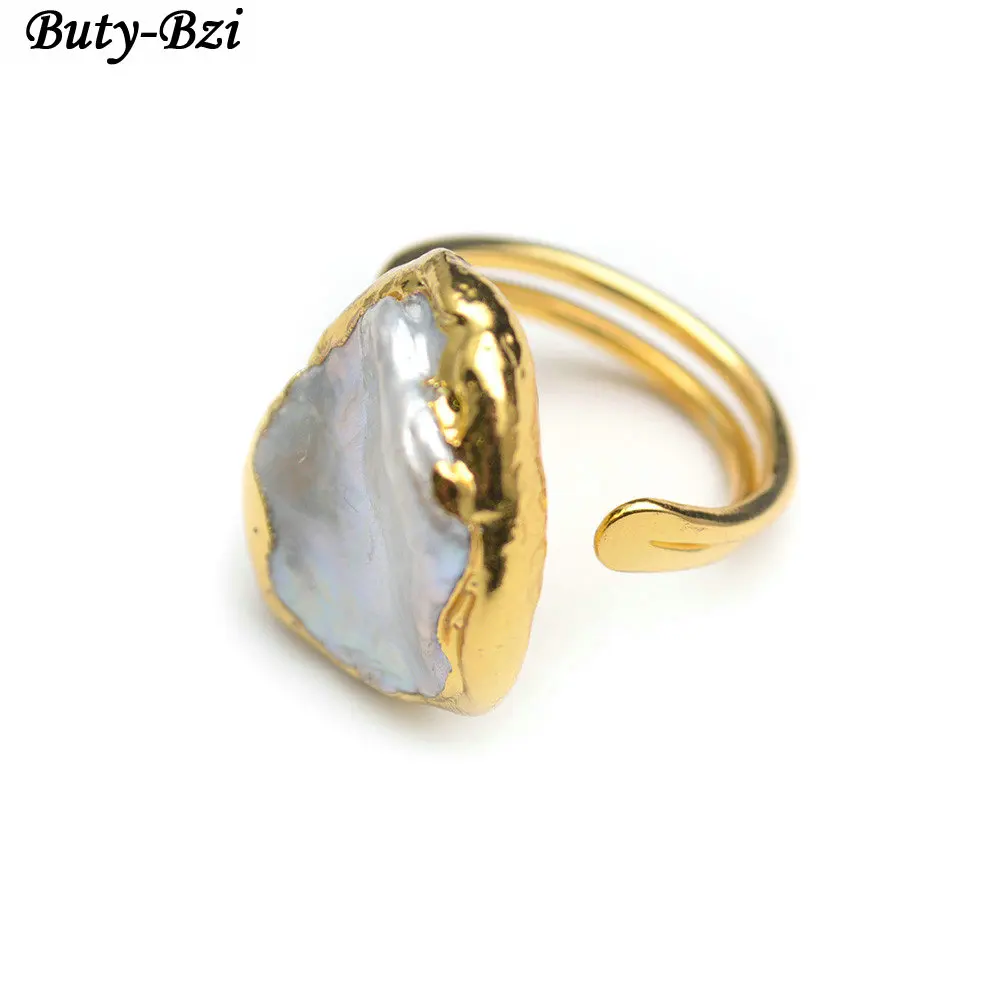 Natural White Pearl Gold Plating Circle Metal Rings Fashion Party Jewelry