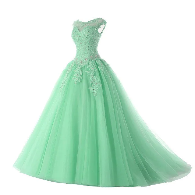 Janevini 2019 Bola Elegan Gaun Tulle Panjang Quinceanera Gaun Cap Lengan Appliques Beaded Backless Sweet 16 Turquoise Gaun