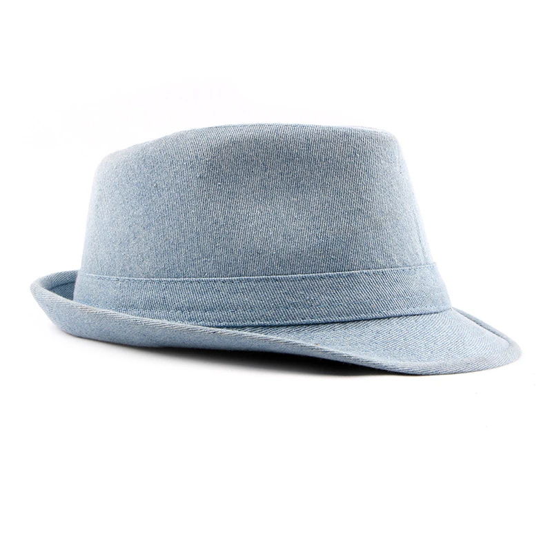 HT1749 2018 New Spring Summer Hat Cotton Denim Jazz Cap Men Women Classic Panama Cap Derby Bowler Fedora Hat Solid Plain Fedoras