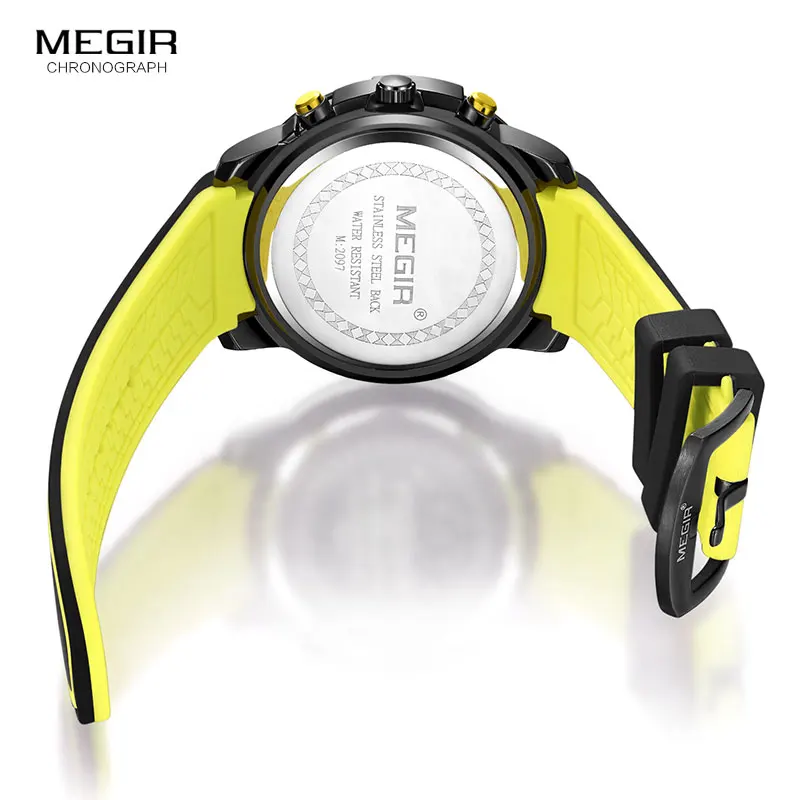 Megir-Reloj deportivo de cuarzo para hombre, cronógrafo amarillo con correa de silicona negra, manecillas luminosas, impermeable 3 atmósferas,