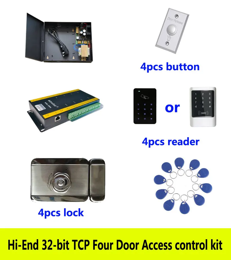 

Высококачественный 32-битный комплект управления доступом, четыре двери TCP/IP + питание + интеллектуальный замок + считыватель сенсорной клавиатуры ID + кнопка выхода + идентификационная метка 10