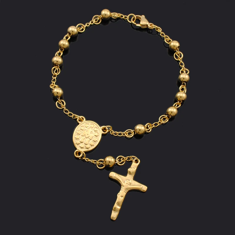 ATGO Men Rosary Jewelry Set Beads Cross Religious Cross Necklace Bracelet Sets 8MM Gold Color BBD034