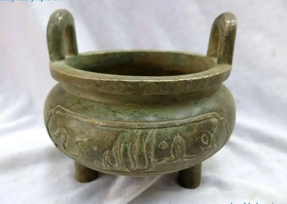 

China old bronze copper censer carved Double ear Sanskrit Incense burner Statue