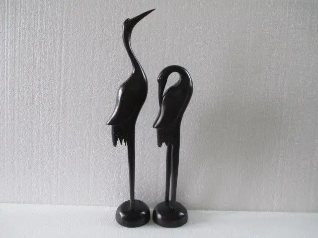 A pair of Chinese handmade wood red-crowned crane statues