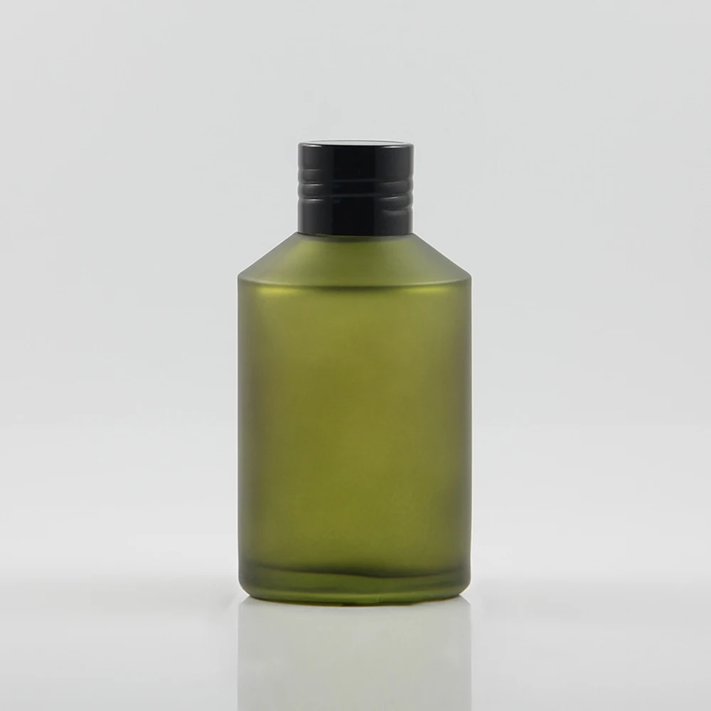 

20pcs wholesale 200 ml glass olive green frost lotion container with black screw cap , empty 200ml glass cosmetic cream bottle