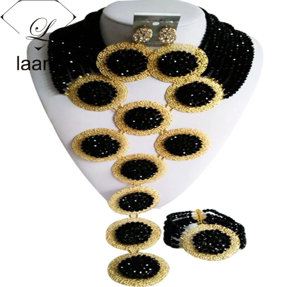 Splendid Black Crystal Costume African Beads Jewelry Set Nigerian Traditional Wedding Bridal Jewelry Sets ABF404