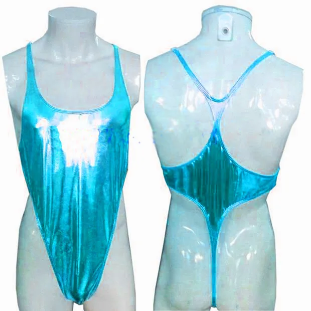 

Mens Shiny bodysuit Thong Leotard Coated Metallic High Cut Racer Back