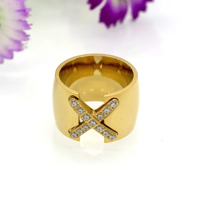 New Arrival Gold Colour Ring Bijoux 14mm Width Big Pave Setting CZ Cross X Ring For Women Trendy Crystal Jewelry Wholesale Gift