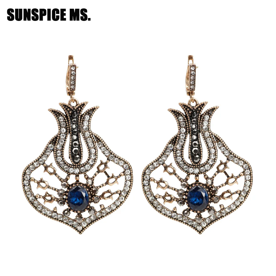 SUNSPICEMS Maroc Vintage Long Drop Earring For Women Ethnic Wedding Jewelry Turkish Antique Gold Color Rhinestone Drop Earring