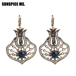 SUNSPICEMS Maroc Vintage Long Drop Earring For Women Ethnic Wedding Jewelry Turkish Antique Gold Color Rhinestone Drop Earring