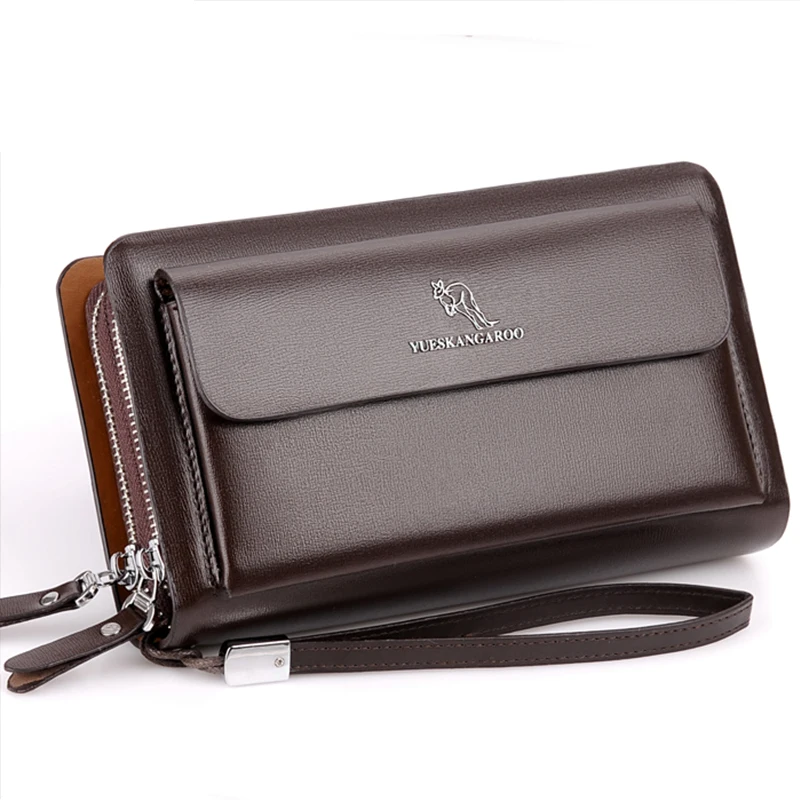 KANGAROO Brand Men Clutch Bag Fashion Leather Long Purse Double Zipper Business Wallet Black Brown Male Casual Handy Bag