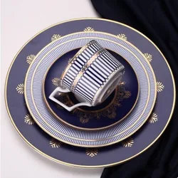 Elegant Blue Bone China Steak Plate, Ceramic Dinner Dish, Coffee Cup Saucer, Family Dinnerware, Home Decoration