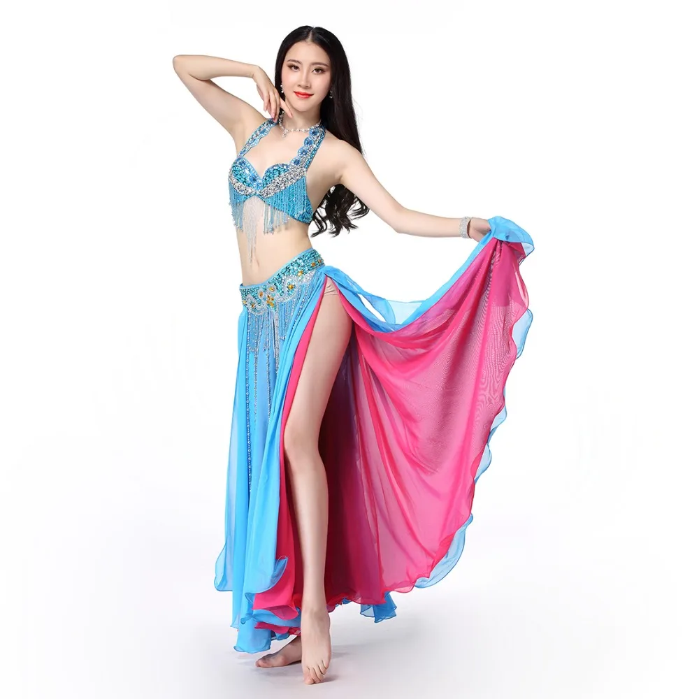 Women Dance Wear 2019 East Style Bellydance Clothes Oriental Outfits Beaded Belly Dance Costume Set Bra Belt Skirt Long Fringe