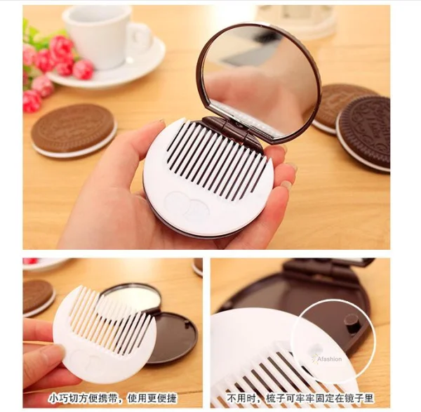 1Pc Chocolade Spiegel Met Kam Cute Cookie Shaped Ontwerp Make Draagbare Vouwen Mini Miroir Espelho Gift