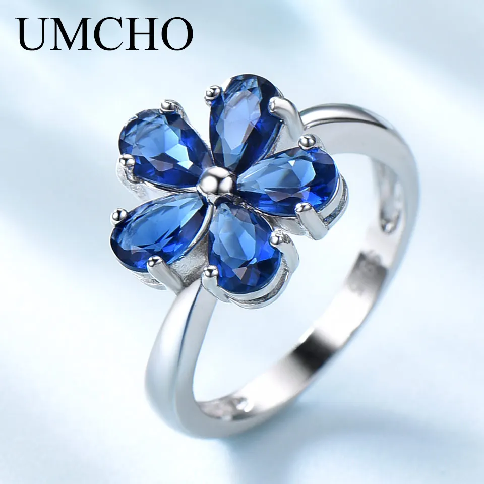 

UMCHO Created Flower Blue Sapphire Jewelry Solid 925 Sterling Silver Rings For Women Romantic Wedding Gifts Fine Jewelry