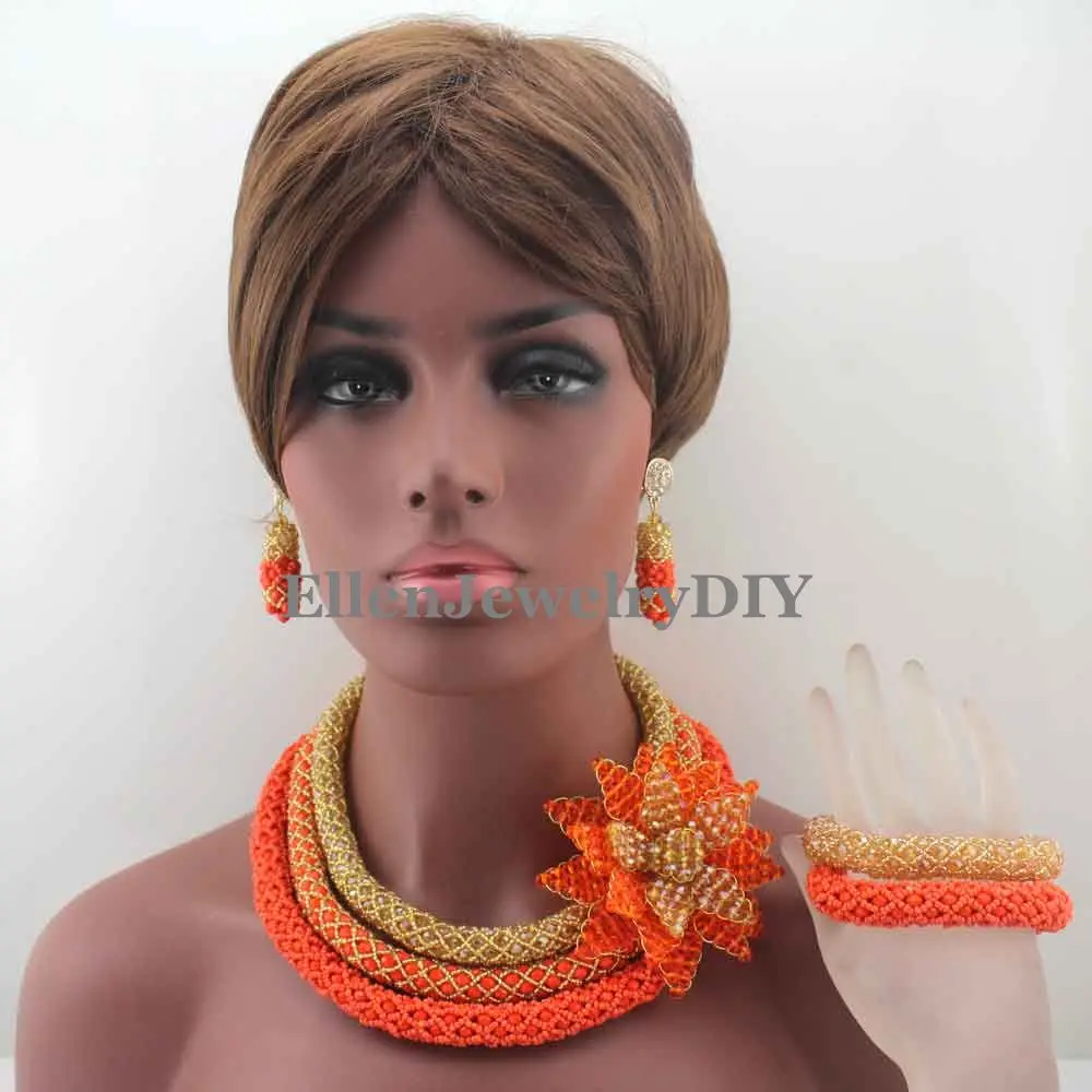 Luxury African Beads Jewelry Set Flower Pendant Necklace Coral Nigerian wedding beads Bridal Jewelry Set for Women W13291