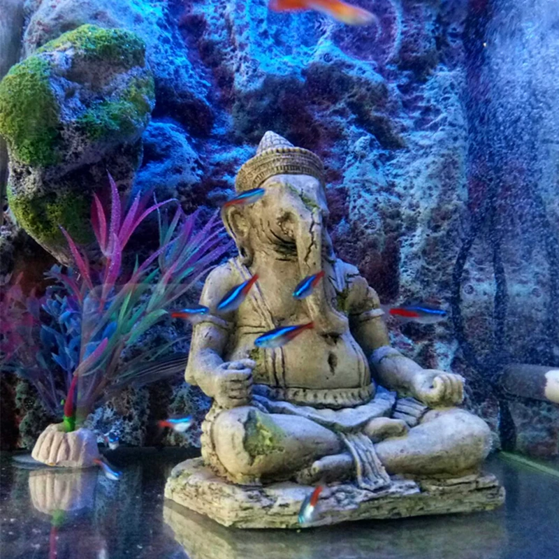 Artificial Elephant Head Buddha Decoration Aquarium Fish Tank Sitting Buddha Statue Crafts Aquarium Stone Rock For Fish Reptile