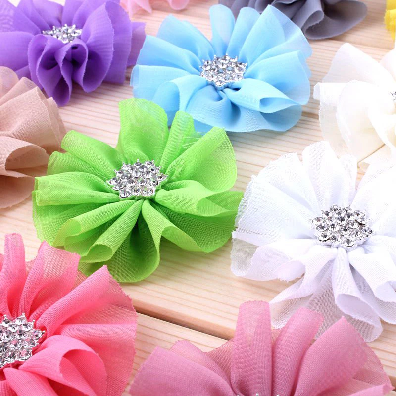 

120pcs/lot 6.5cm 15colors Fluffy Chiffon Flowers+Snow Rhinestone Buttons Ruffled Artificial Fabric Flowers For Kids Headbands