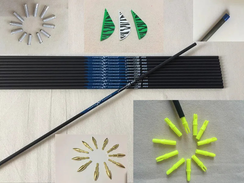 

12pcs Pure Carbon arrow shaft sp400 + 12pcs arrow insert +12pcs arrow nock +36pcs arrow vane +12pcs point Explosion-proof ring