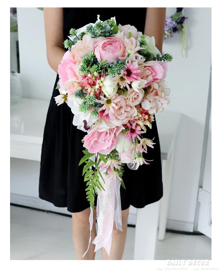 New Artificial rose flower wedding bridal bouquet Teardrop Bride Bridal Lace Accents Wedding Bouquets Bruidsboeket Waterval pink