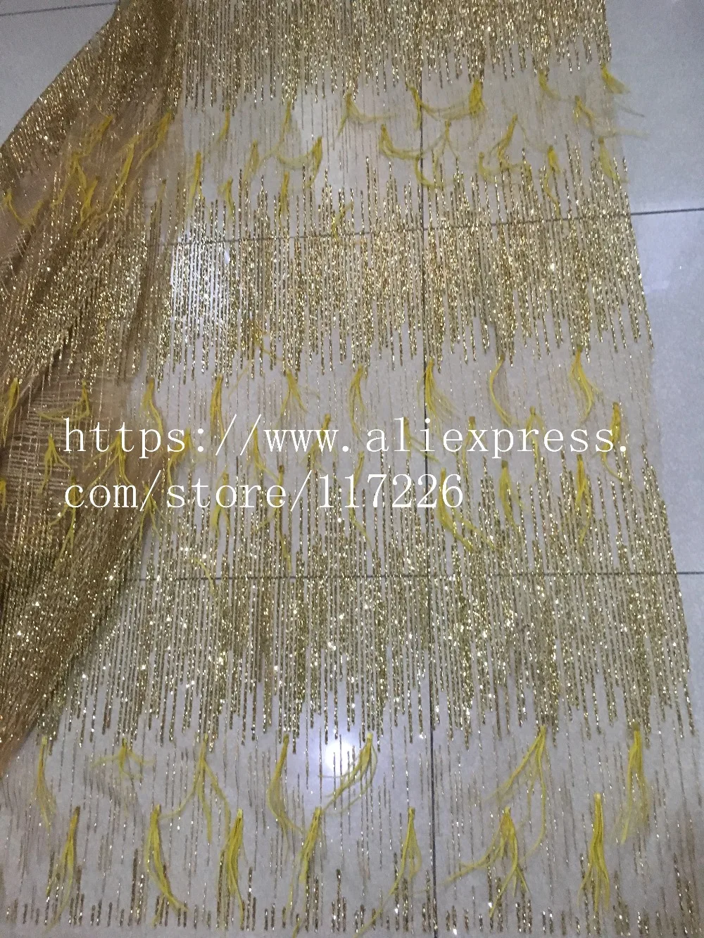 

sparkly glued glitter sequins lace fabric JRB-00931 with feather for sexty dress in bright gold color