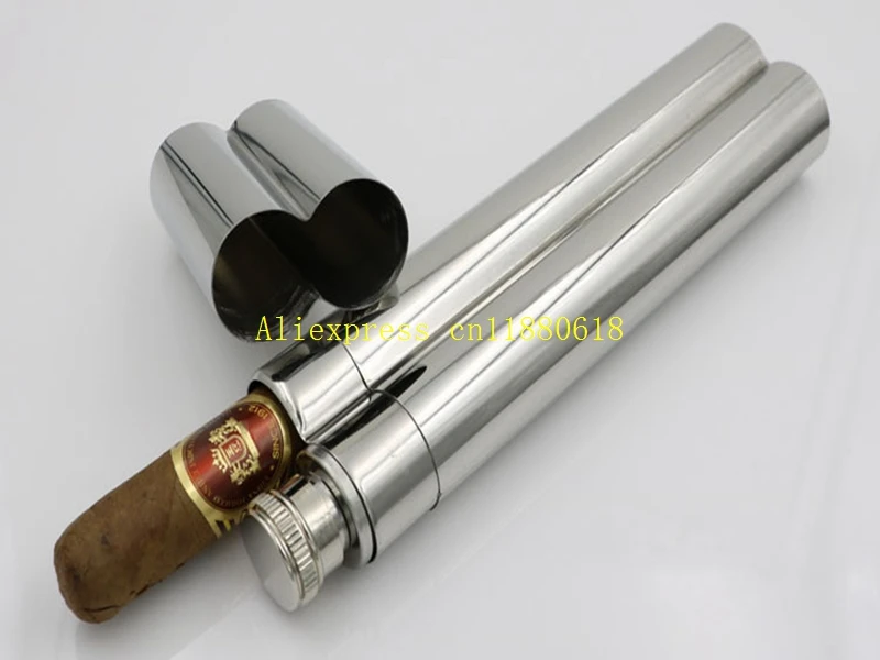 

50pcs/lot Fast shipping 2 OZ Stainless Steel Mini Hip Flask With a Cigar Tube Holder