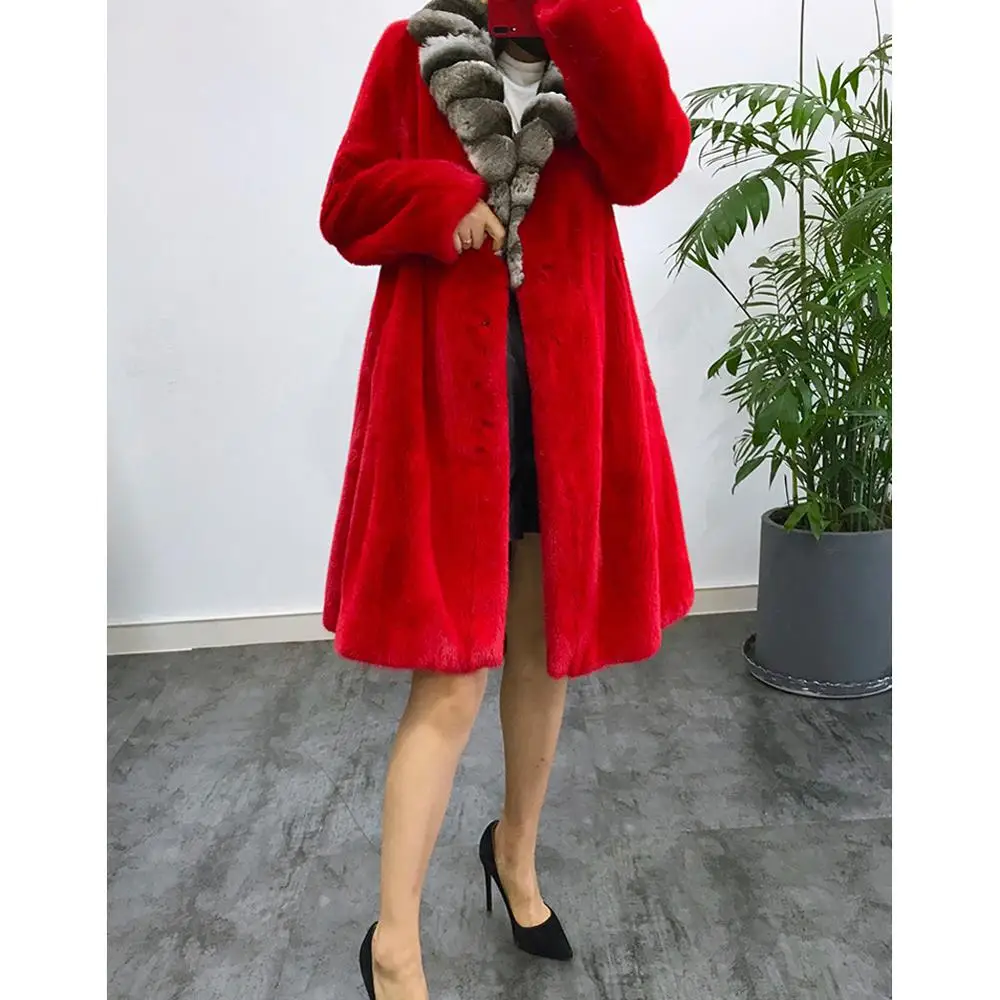 Frauen Importiert Nerz Pelzmantel frauen Lange Pelzmantel Mit Totoro Pelz Kragen frauen Starke Warme Jacke rot Plussize Parker Mantel