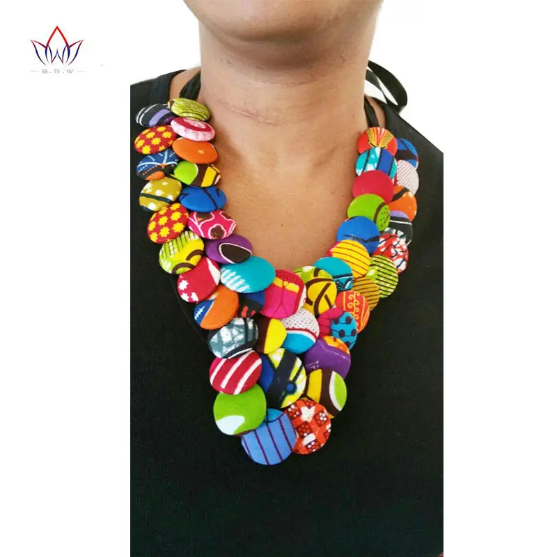 2020 Hot Koop Handgemaakte Geometrische Ankara Knop Bib Katoen Ketting Afrikaanse Print Button Bib Ketting Voor Vrouwen Touw Ketting WYA054