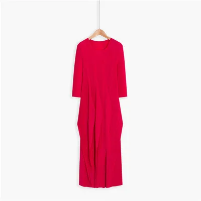 

HOT SELLING Miyake fold half sleeve fashion o-neck solid pleated dress IN STOCK