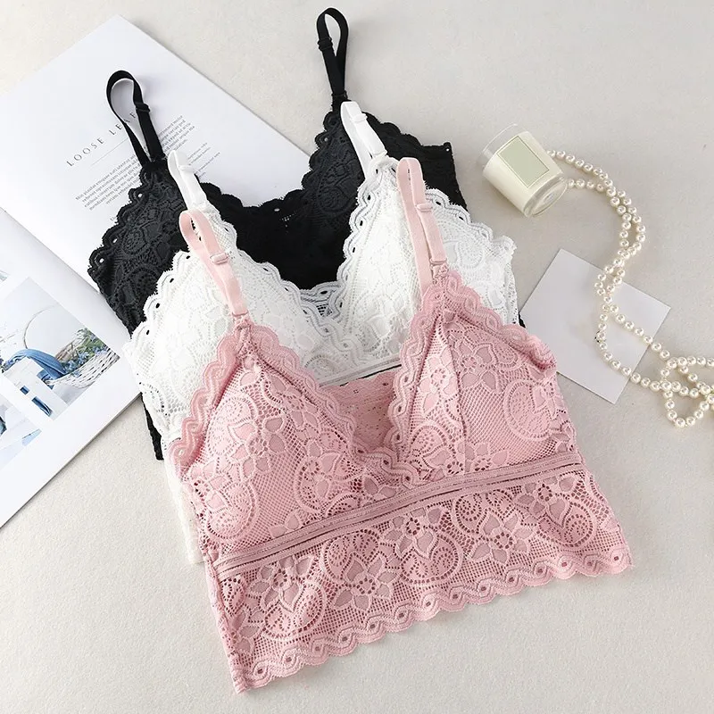 Women Fashion Wireless Bra Padded Bralette Deep V Lace Bras Summer Crop Top Embroidery Floral Tank Top