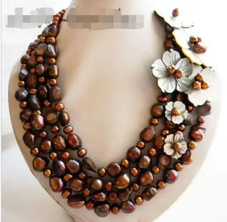 4 Strands 18 ''13mm Putih Putaran Mutiara Air Tawar Baroque Shell Bunga Necklac