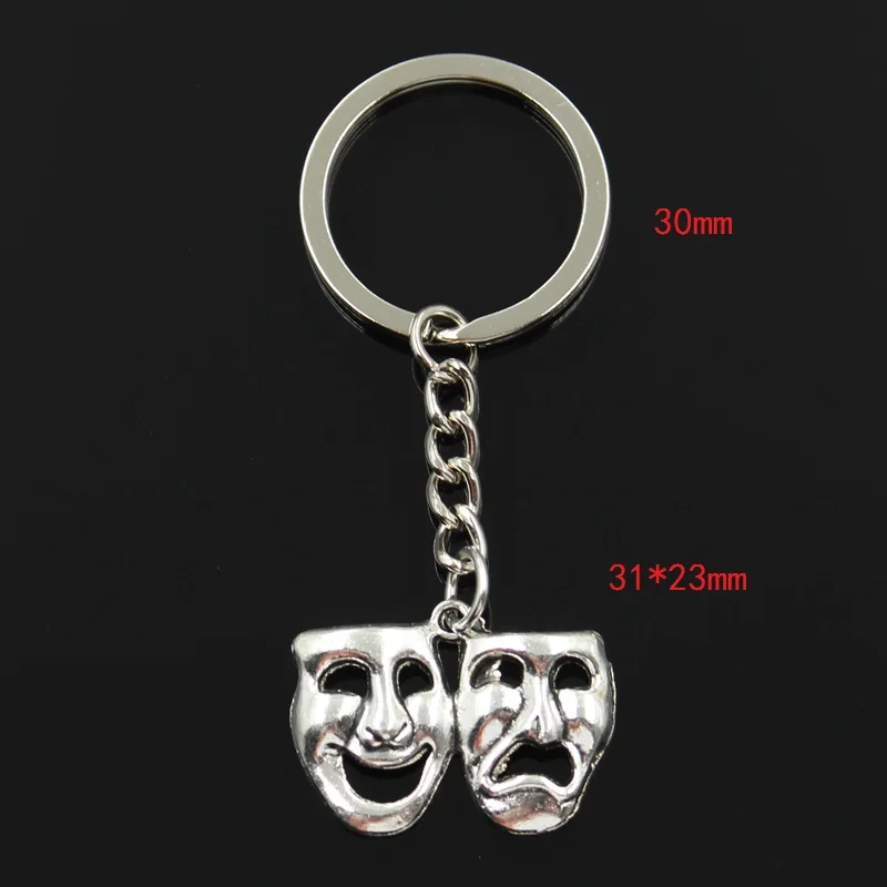 Fashion 30mm Key Ring Metal Key Chain Keychain Jewelry Antique Bronze Silver Color Plated Comedy Tragedy Masks 31x23mm Pendant